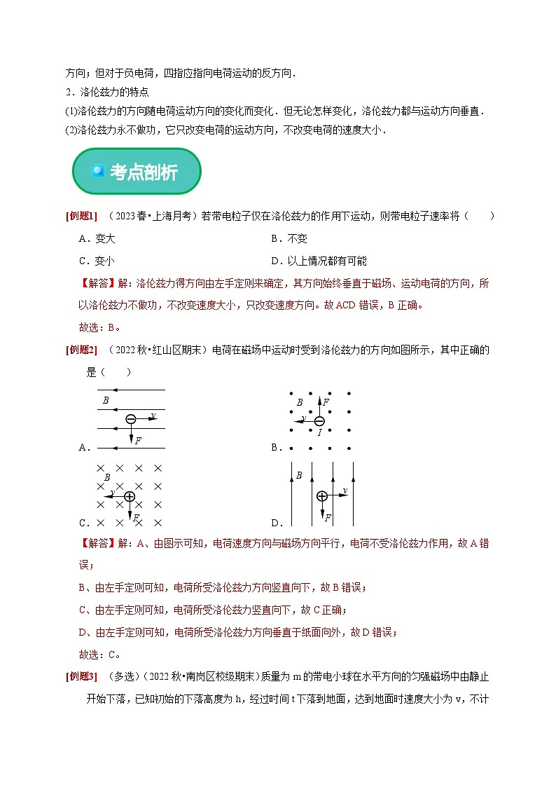人教版高中物理选择性必修二同步讲义1.2 磁场对运动电荷的作用力（2份，原卷版+解析版）03