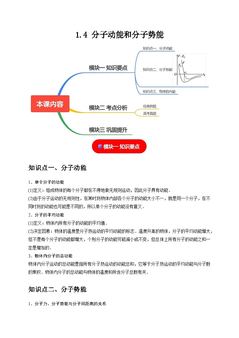 人教版高中物理选择性必修三同步讲义1.4分子动能和分子势能（2份，原卷版+解析版）01