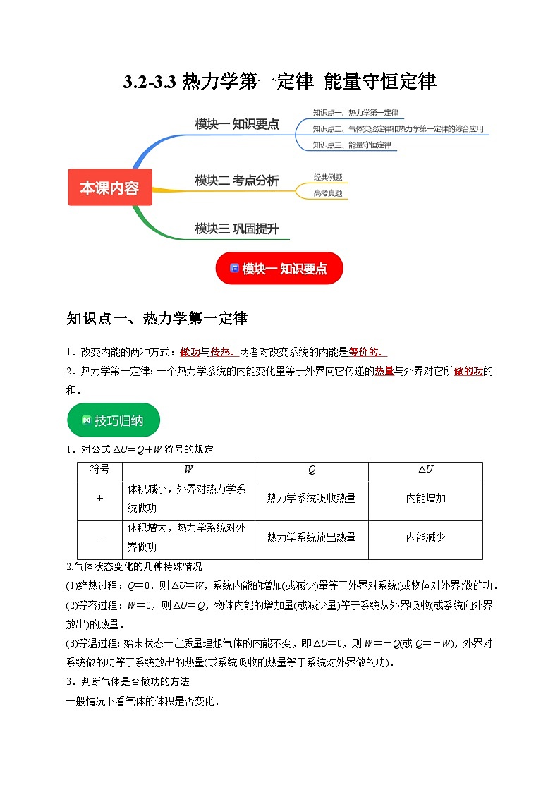 人教版高中物理选择性必修三同步讲义3.2-3.3热力学第一定律 能量守恒定律（2份，原卷版+解析版）01