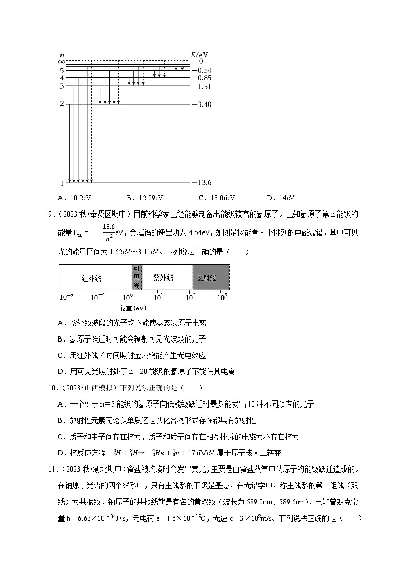 人教版高中物理选择性必修三同步讲义第四章《原子结构和波粒二象性》综合练习（原卷版）第3页