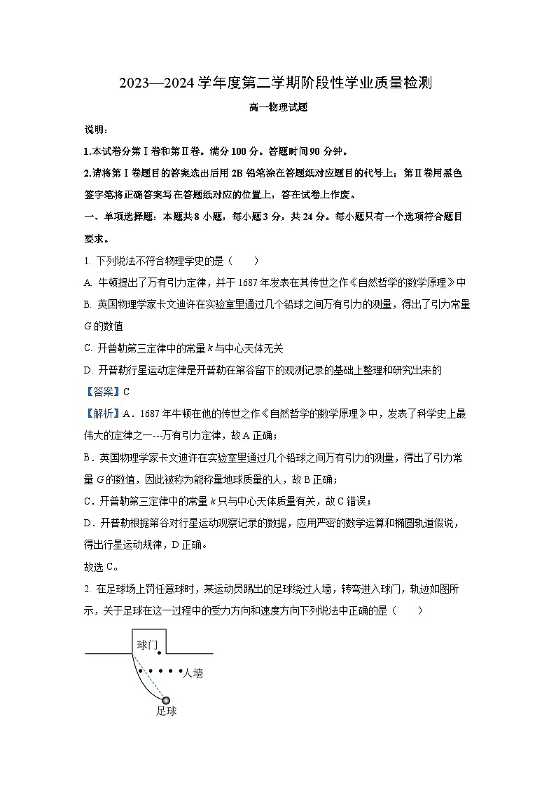 山东省临沂市莒南县2023-2024学年高一下学期期中考试物理试卷(解析版)第1页
