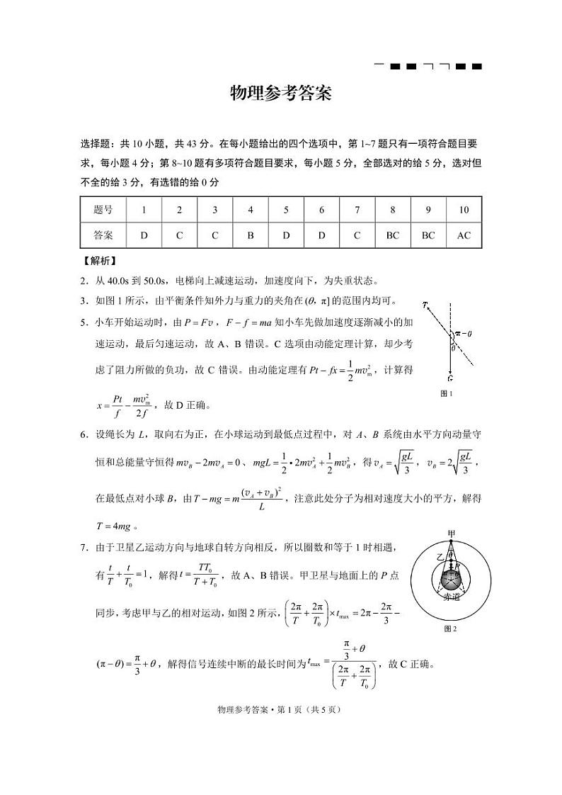 巴蜀中学2025届高考适应性月考卷（一）物理试题答案第1页