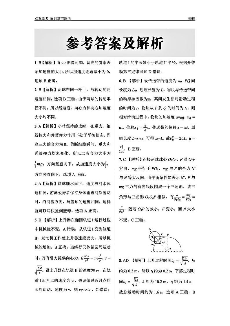 （物理答案）辽宁省点石联考2024-2025学年度上学期高三年级10月阶段考试 物理答案第1页