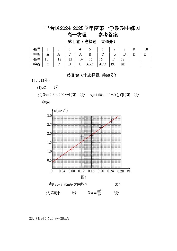 丰台区2024-2025学年度第一学期期中练习高一物理答案第1页