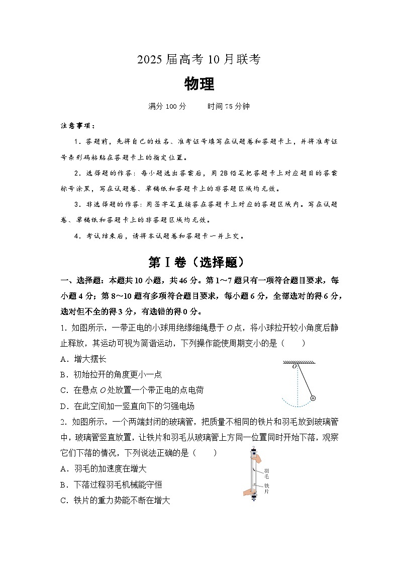 湖南省名校2024-2025学年高三上学期10月联考物理试题（Word版附解析）第1页