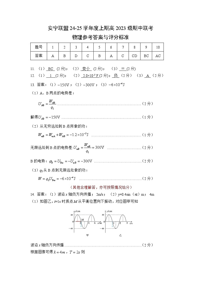 安宁联盟24-25学年度上期高二期中联考物理答案第1页