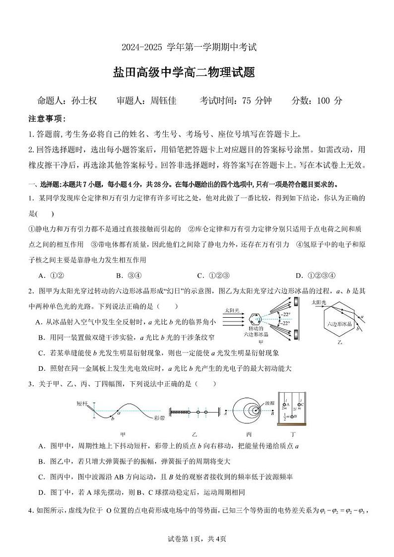广东省深圳市盐田高级中学2024-2025学年高二上学期11月期中考试物理试题01