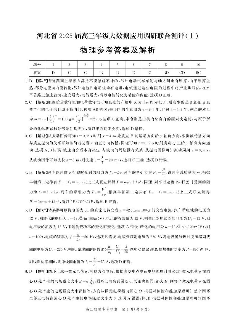 河北省2025届高三大数据9月应用调研联合测评（Ⅰ）物理答案第1页