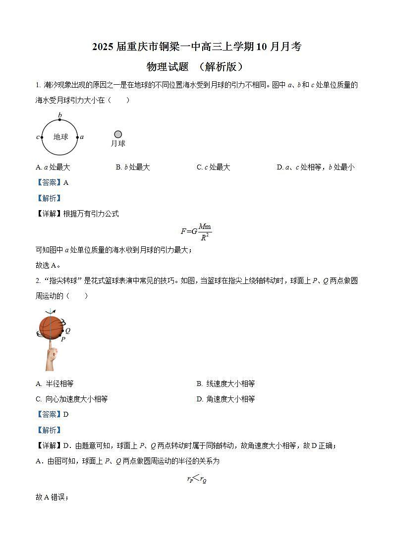 2025届重庆市铜梁一中高三上学期10月月考物理试题 （解析版）第1页