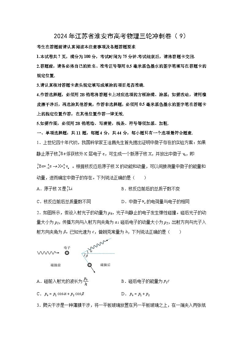 2024届江苏省淮安市高三下学期三轮冲刺卷(9)物理试卷第1页