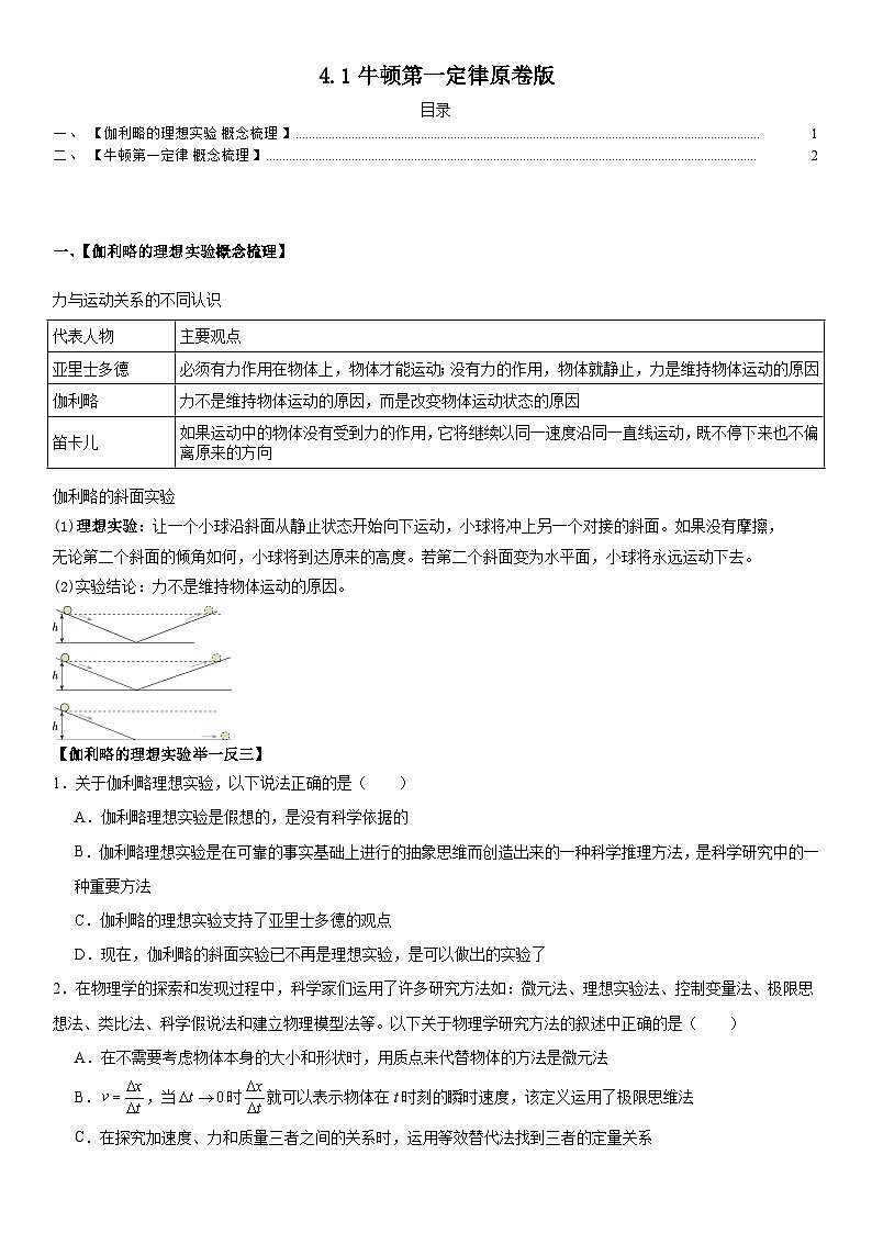 人教版高中物理必修一 同步精讲精练4.1牛顿第一定律（学生版）第1页