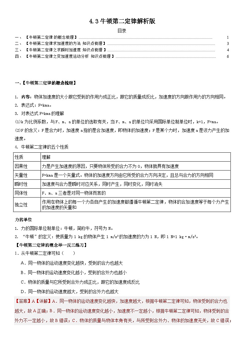 人教版高中物理必修一 同步精讲精练4.3牛顿第二定律（教师版）第1页