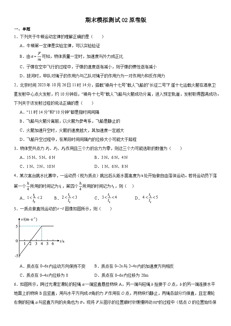 人教版高中物理必修一 同步精讲精练专题：期末模拟测试02原卷版第1页