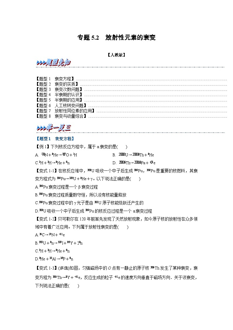 人教版高中物理选择性必修三 同步精讲精练专题5.2 放射性元素的衰变（原卷版）第1页