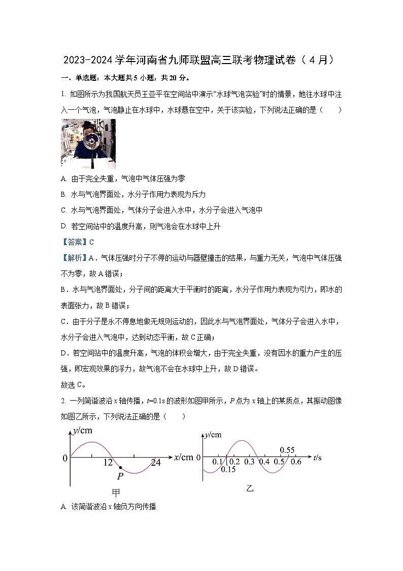 河南省九师联盟2024届高三下学期4月联考(三模)物理试卷(解析版)第1页