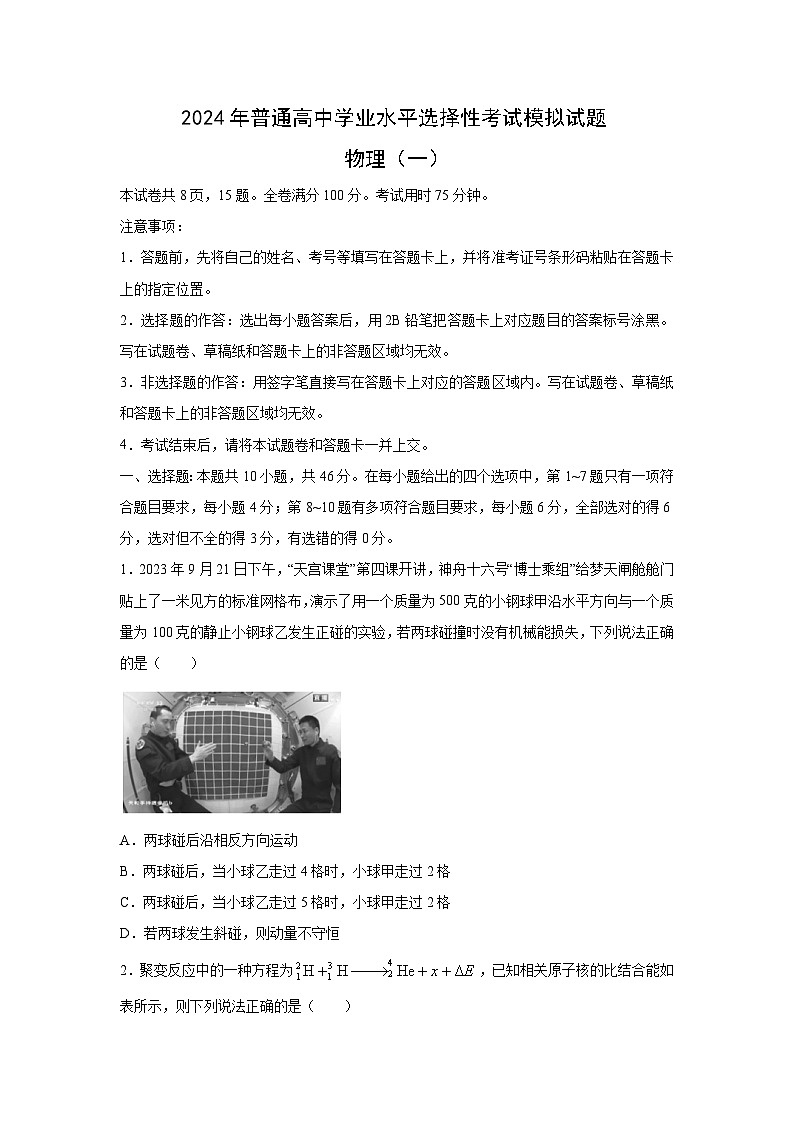 2024届黑龙江省普通高中学业水平选择性考试模拟(一)物理试卷(解析版)第1页