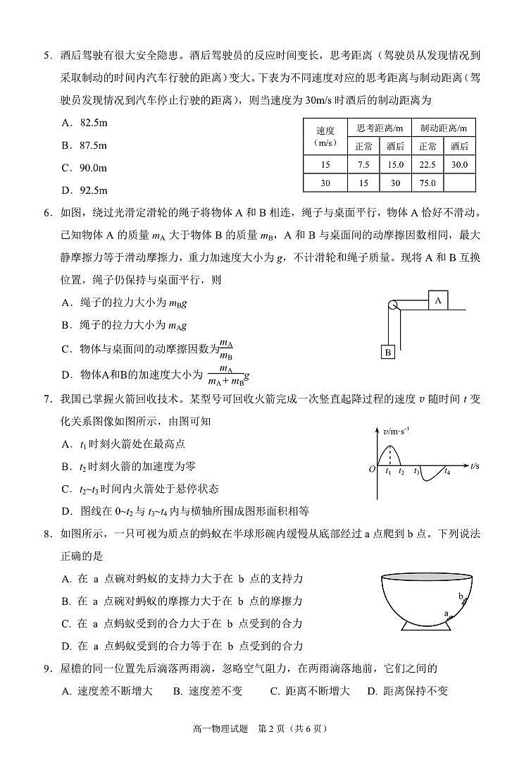 2023-2024学年福建省泉州市高一（上）期末物理试卷第2页