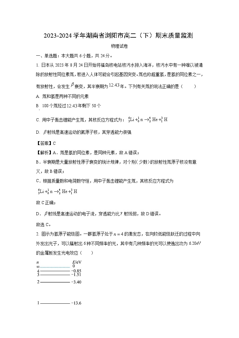 湖南省浏阳市2023-2024学年高二下学期期末质量监测物理试卷[解析版]第1页