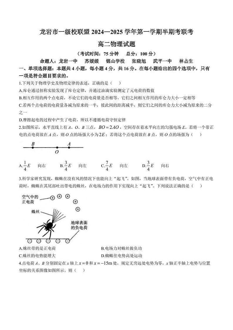 福建龙岩12校2024年高二上学期11月期中物理试题+答案01
