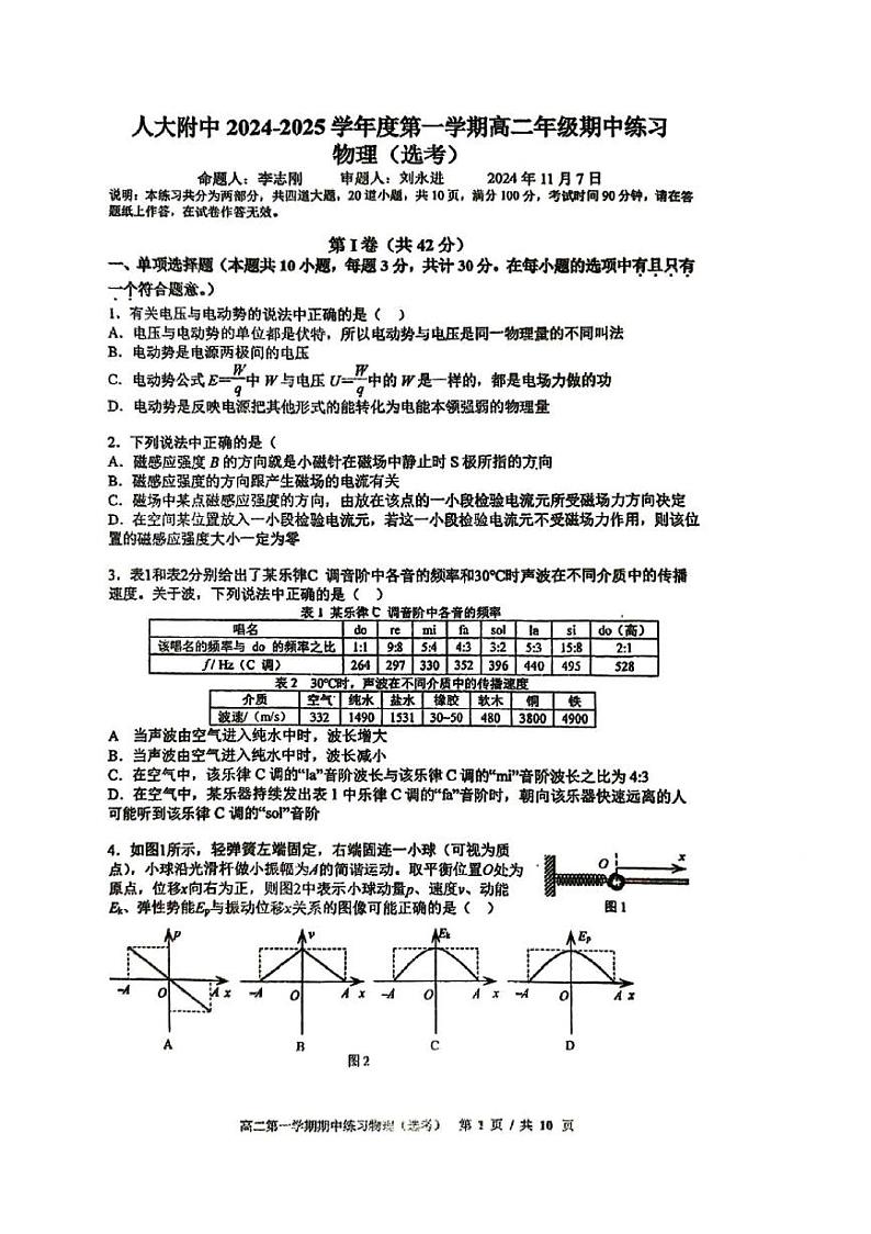 北京市海淀区人大附中2024高二上期中第1页