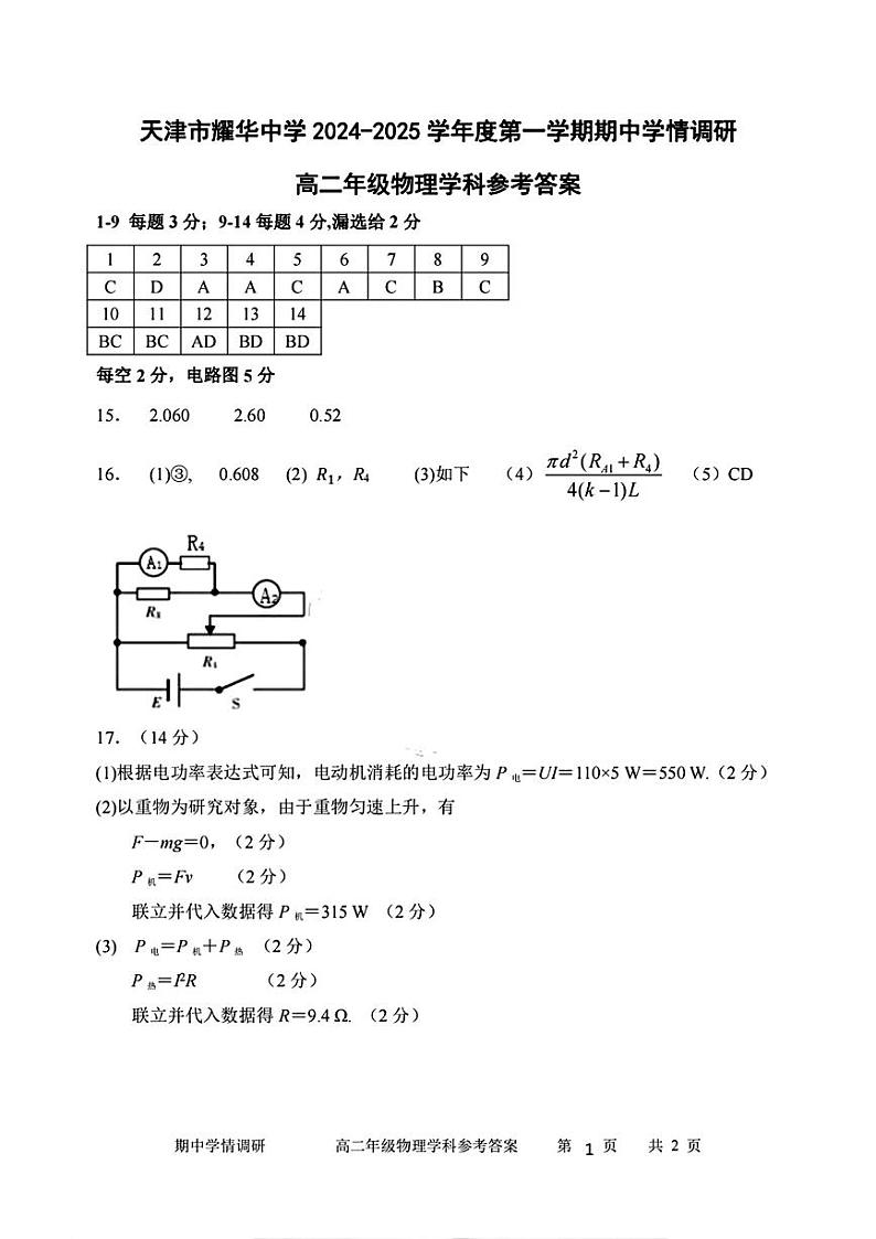 高二年级物理学科参考答案第1页