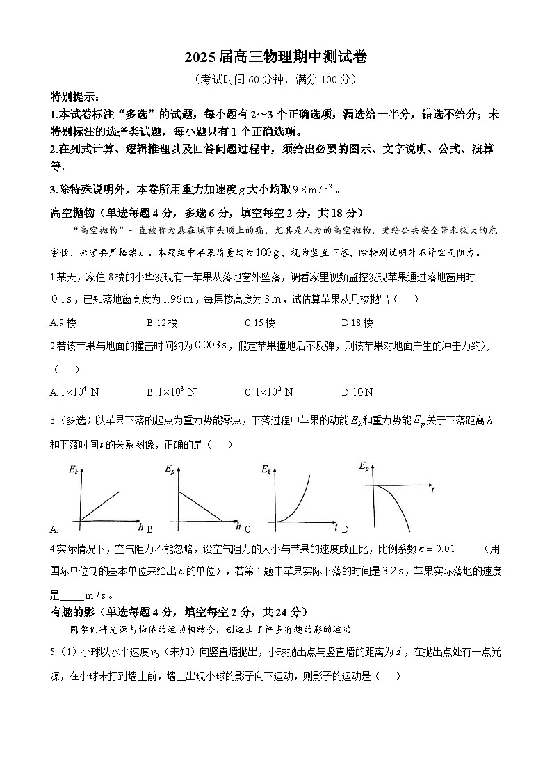 上海市华东师范大学第二附属中学闵行紫竹分校2024-2025学年高三上学期11月期中物理试卷(无答案)第1页