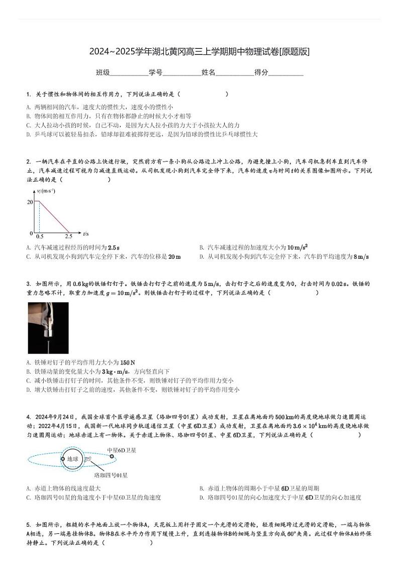 2024～2025学年湖北黄冈高三上学期期中物理试卷[原题+解析版]第1页