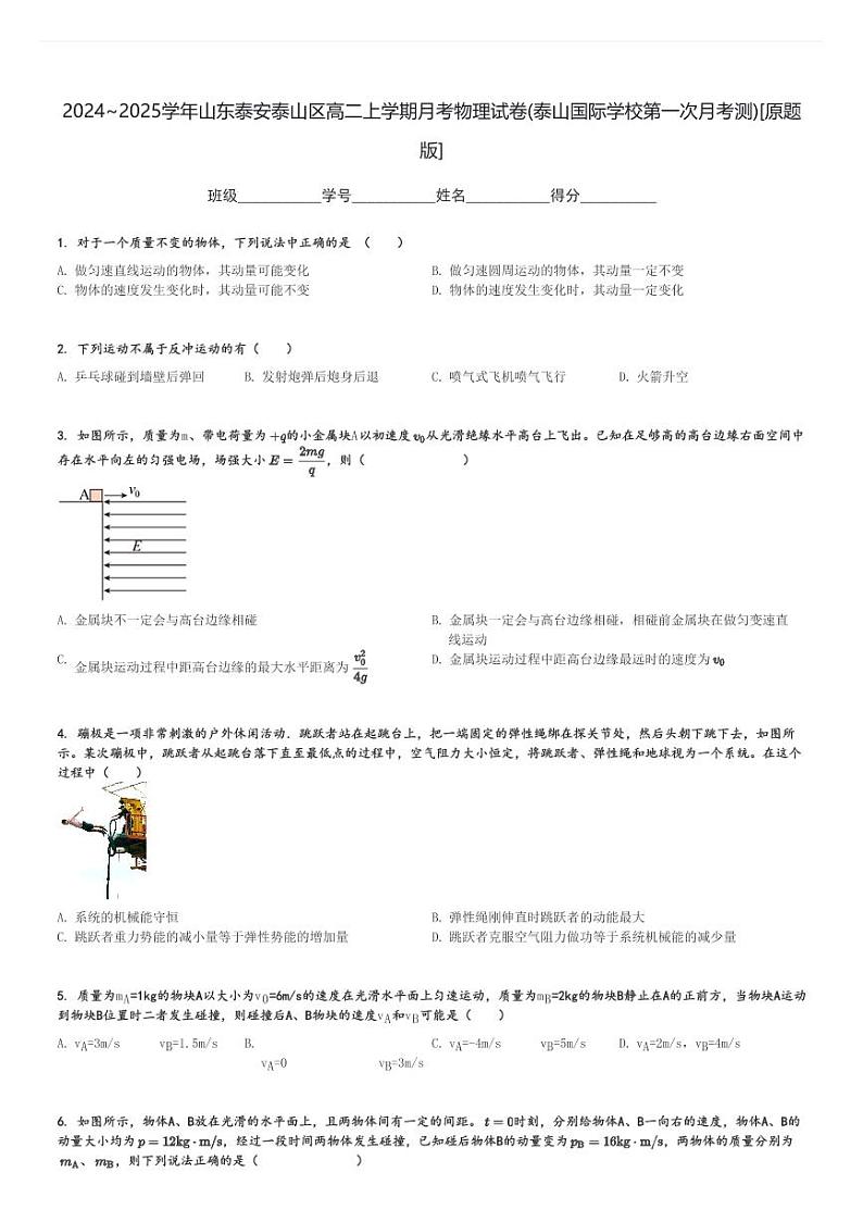 2024～2025学年山东泰安泰山区高二上学期月考物理试卷(泰山国际学校第一次月考测)[原题+解析版]01