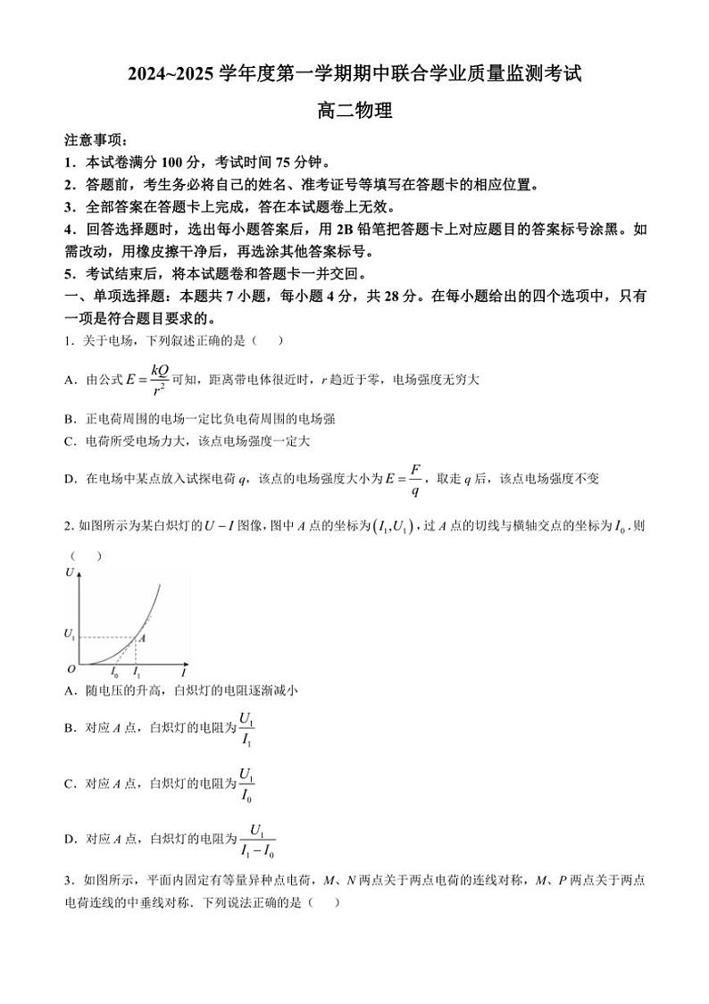 广东省清远市2024～2025学年高二上学期期中考试物理试卷（含答案）01