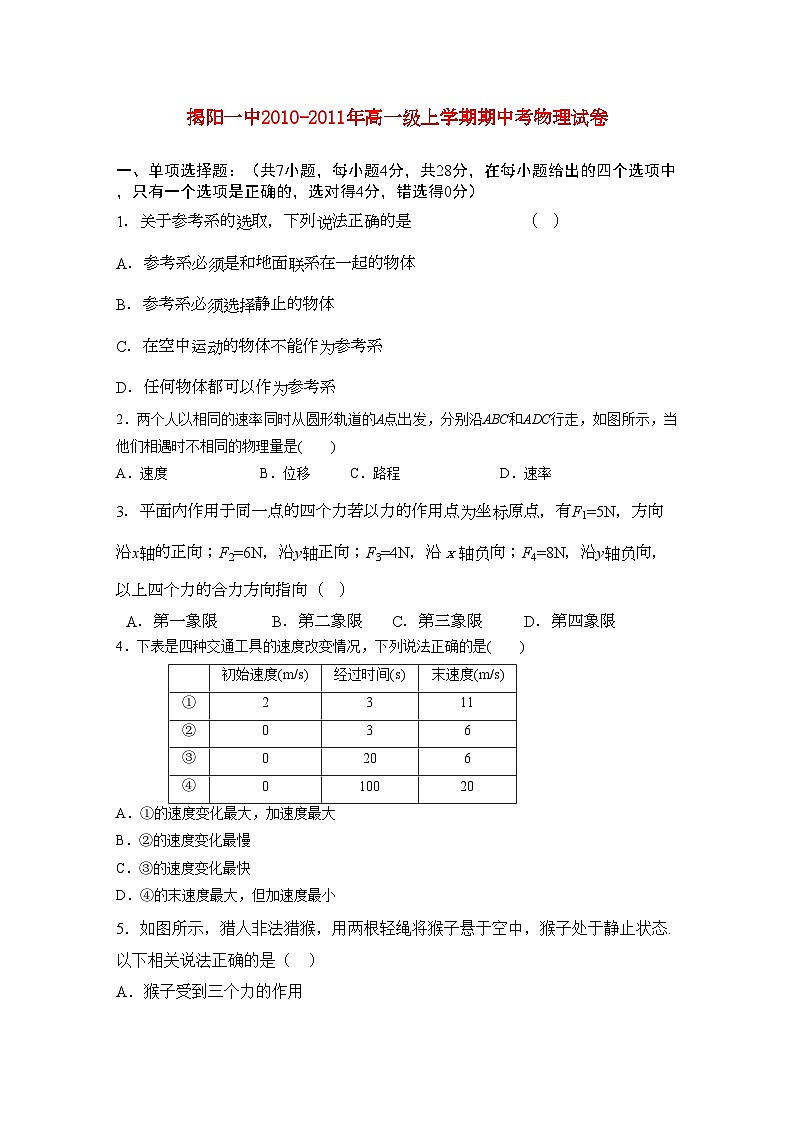 2022年广东省揭阳11高一物理上学期期中考试新人教版会员独享第1页