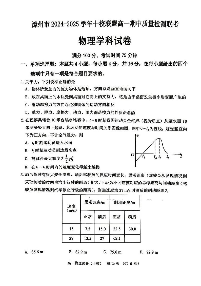 漳州十校联盟2024年高一上学期11月期中物理试题（含答案）第1页