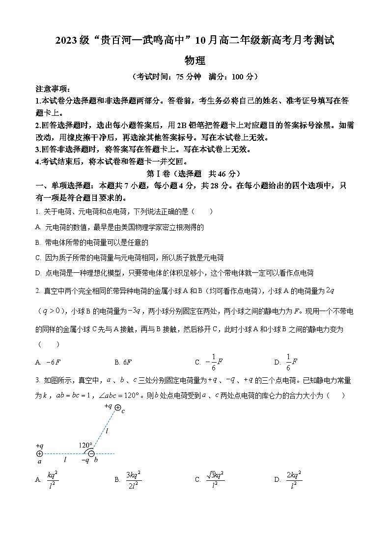 广西壮族自治区河池市2024-2025学年高二上学期10月月考物理试题无答案第1页