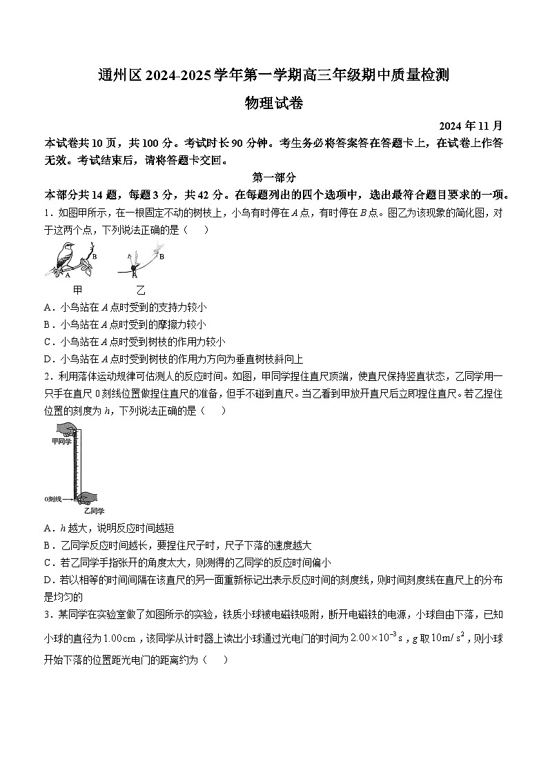 北京市通州区2024-2025学年高三上学期期中物理试卷（Word版附答案）第1页
