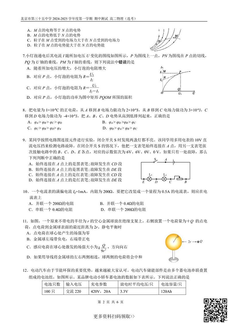 2024北京三十五中高二上学期期中物理试卷第2页