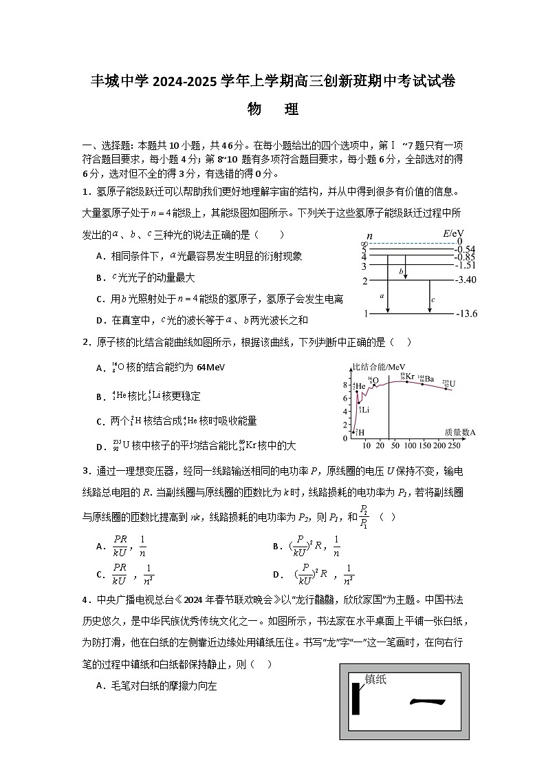 丰城中学2024-2025学年上学期高三创新班期中考试物理试卷第1页