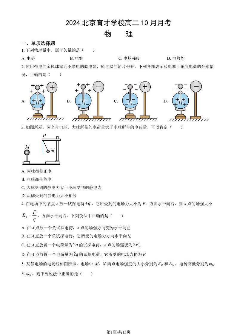 2024北京育才学校高二上学期10月月考物理试题及答案01