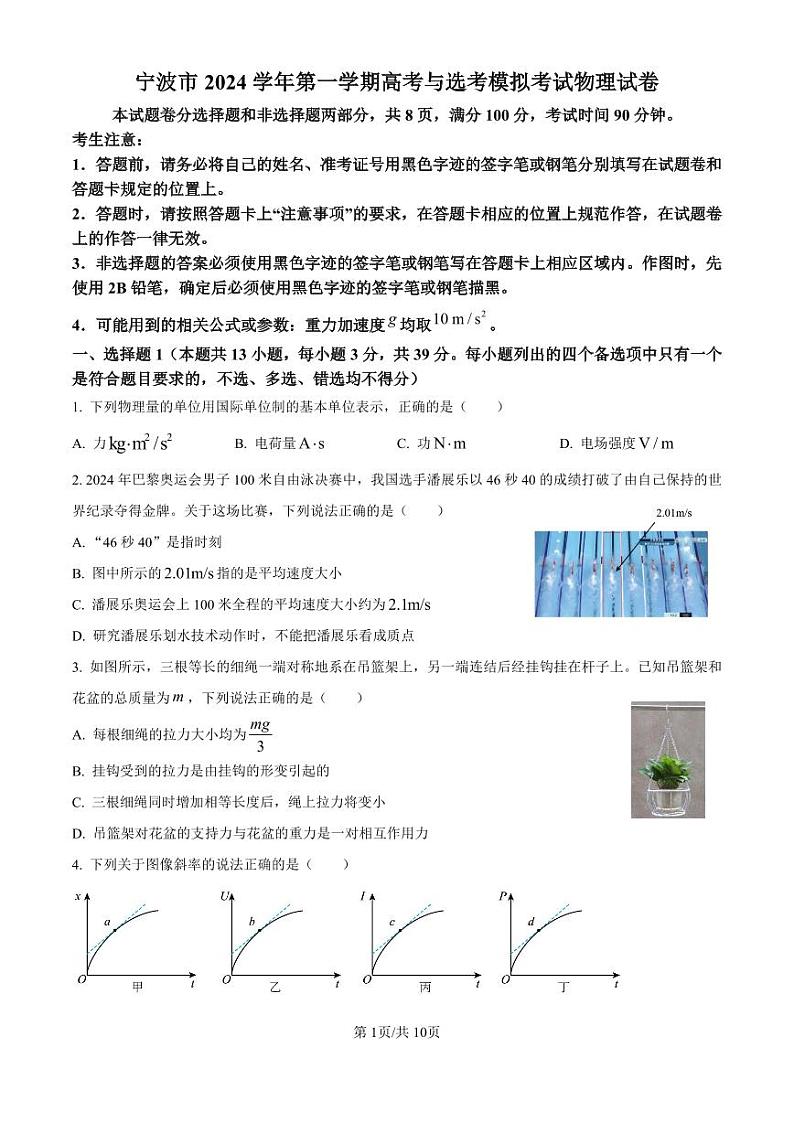 宁波市2024学年第一学期高考与选考模拟考试物理试卷（附解析版）01