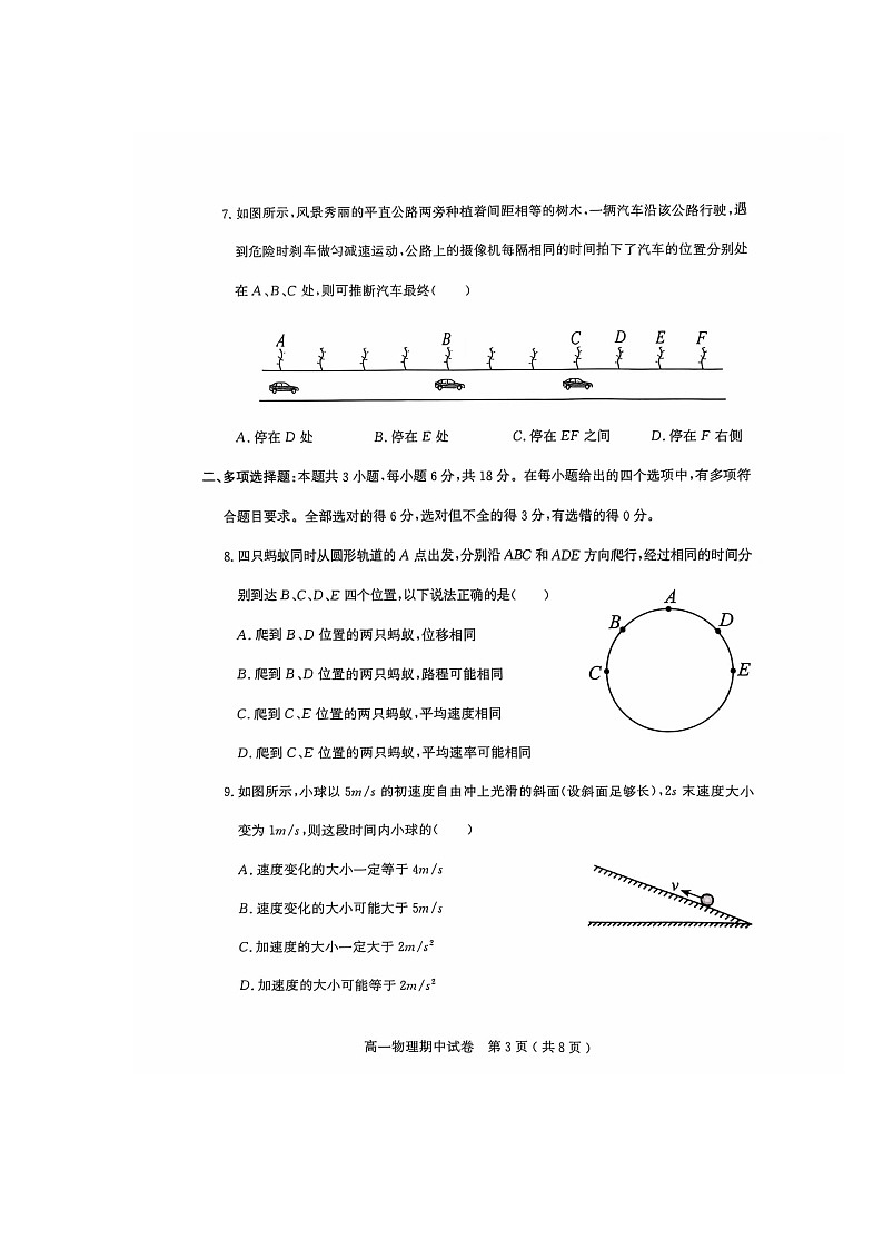 电白区2024-2025学年第一学期高一物理期中考试第3页