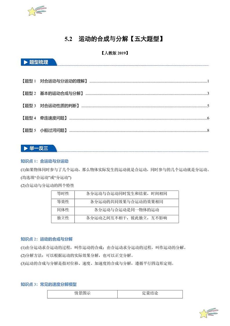 5.2 运动的合成与分解（举一反三）（学生版） 特供 2021-2022学年高二下学期物理人教版（2019）选择性必修第二册同步练习题第1页