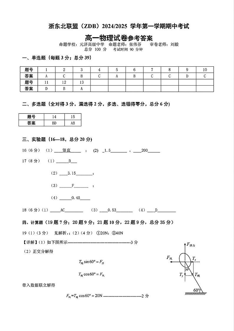 高一物理试卷参考答案第1页