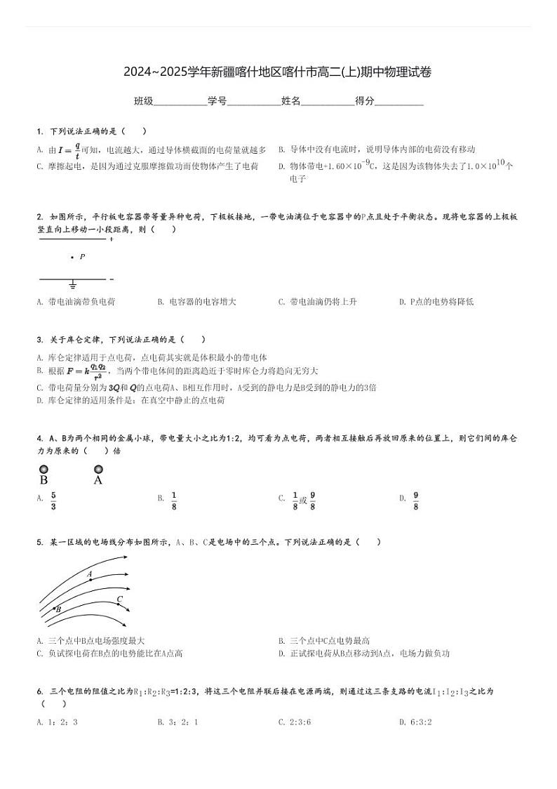 2024～2025学年新疆喀什地区喀什市高二(上)期中物理试卷[原题+解析]第1页