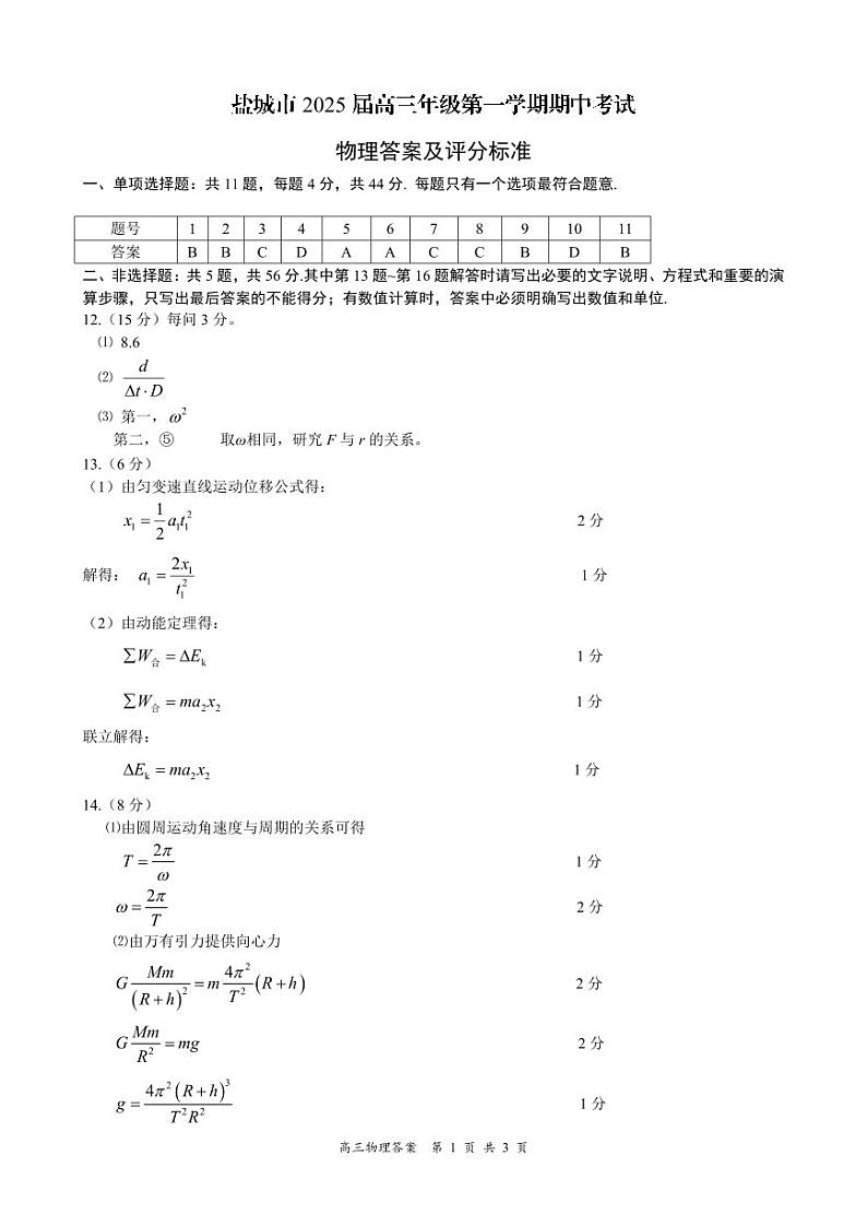 2025江苏省盐城市高三上学期11月期中考试物理答案第1页