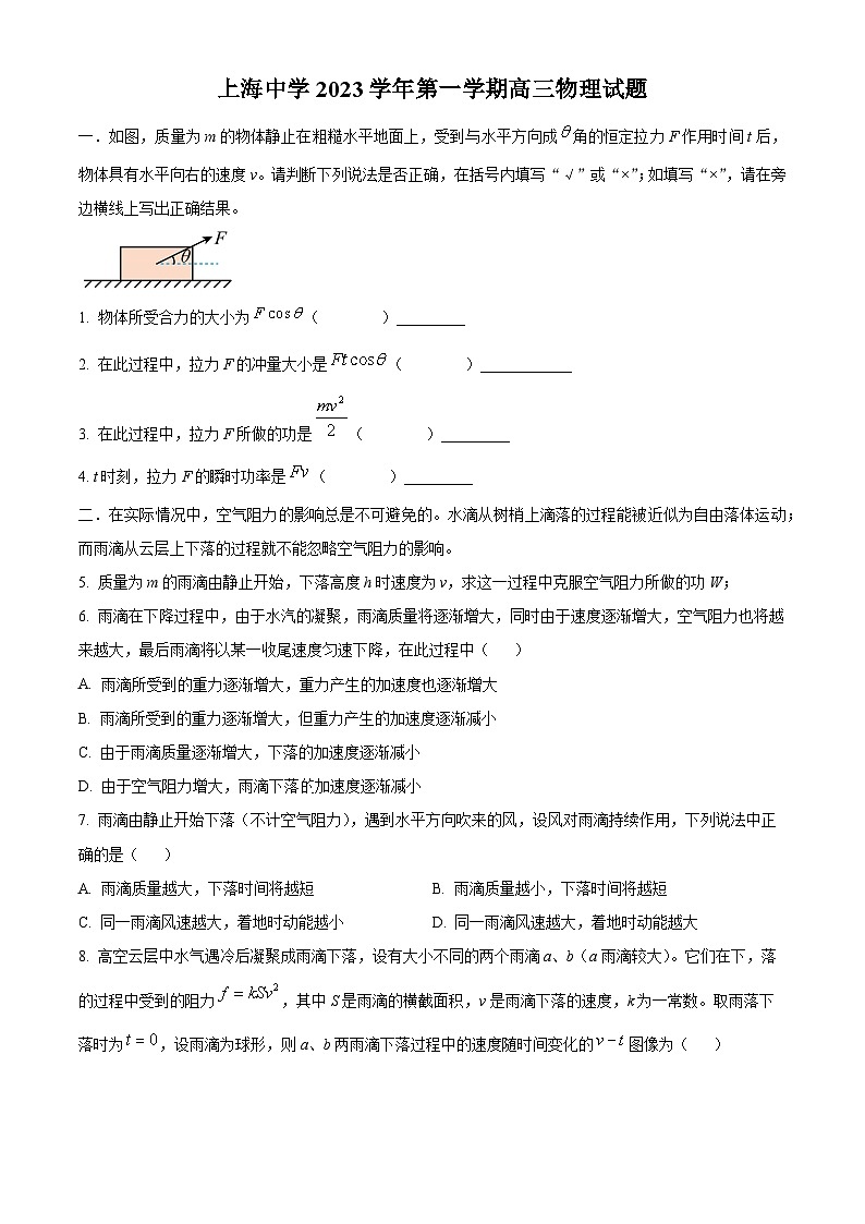 解析：上海市上海中学2023-2024学年高三上学期期中物理试题（原卷版）第1页