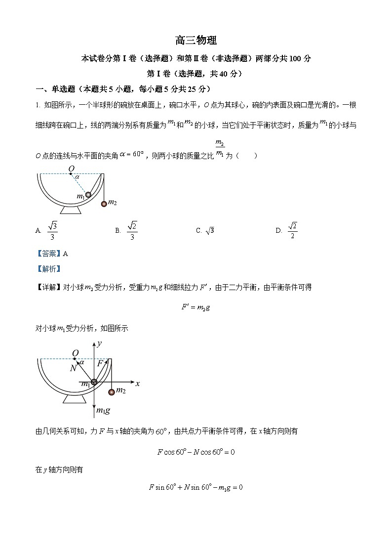 解析：天津市红桥区2024-2025学年高三上学期期中物理试题（解析版）01