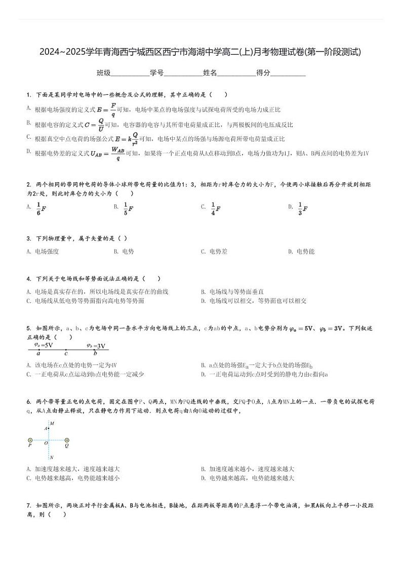 2024～2025学年青海西宁城西区西宁市海湖中学高二(上)月考物理试卷(第一阶段测试)[原题+解析]第1页