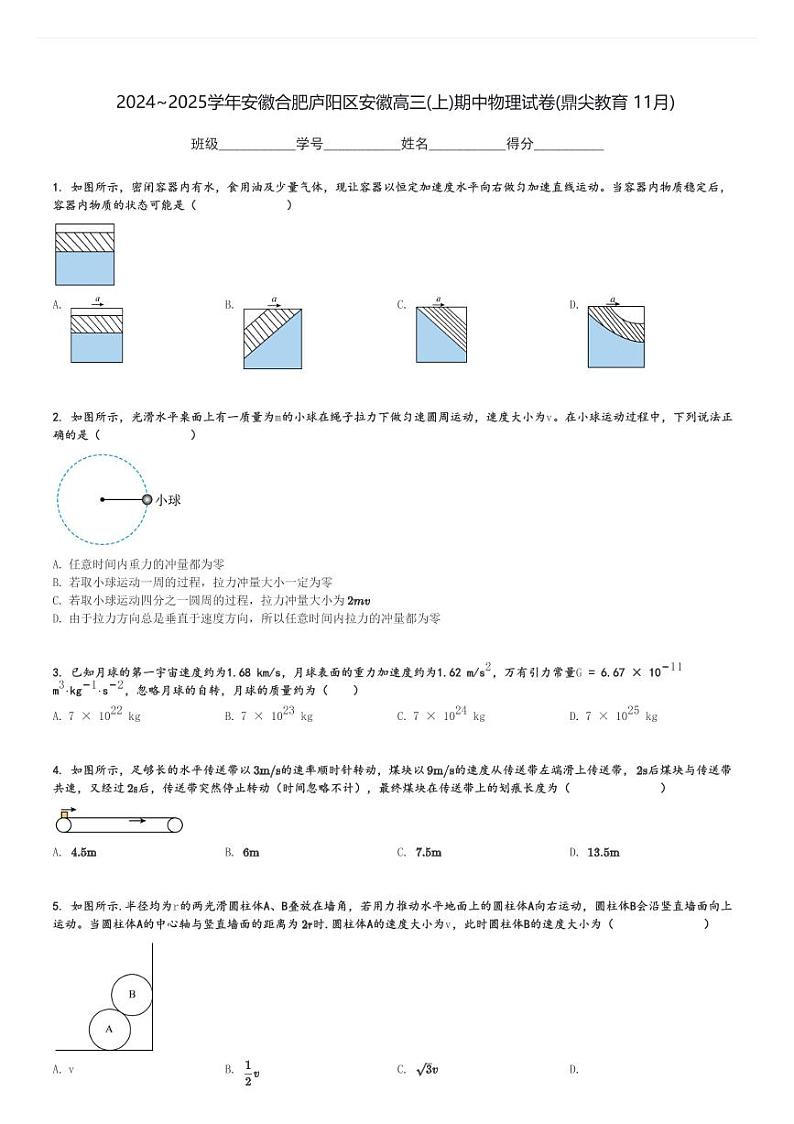 2024～2025学年安徽合肥庐阳区安徽高三(上)期中物理试卷(鼎尖教育 11月)[原题+解析]第1页