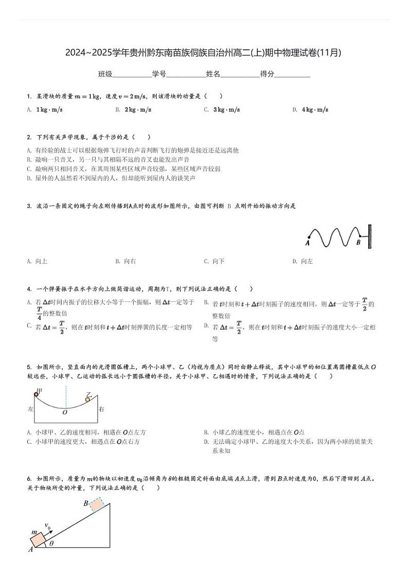 2024～2025学年贵州黔东南苗族侗族自治州高二(上)期中物理试卷(11月)[原题+解析]第1页