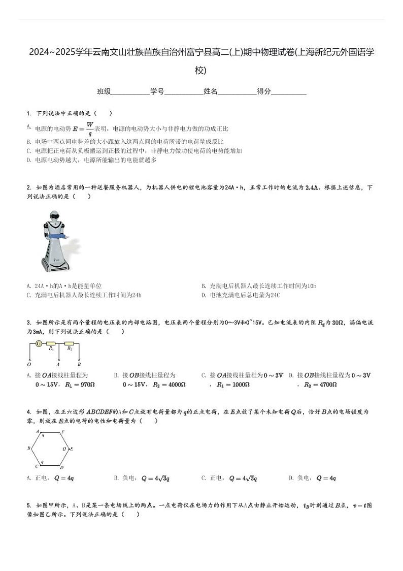 2024～2025学年云南文山壮族苗族自治州富宁县高二(上)期中物理试卷(上海新纪元外国语学校)[原题+解析]第1页
