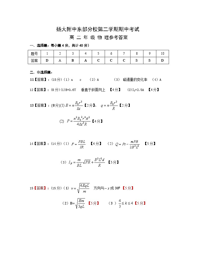 《高二物理（第二学期）期中考试》参考答案第1页