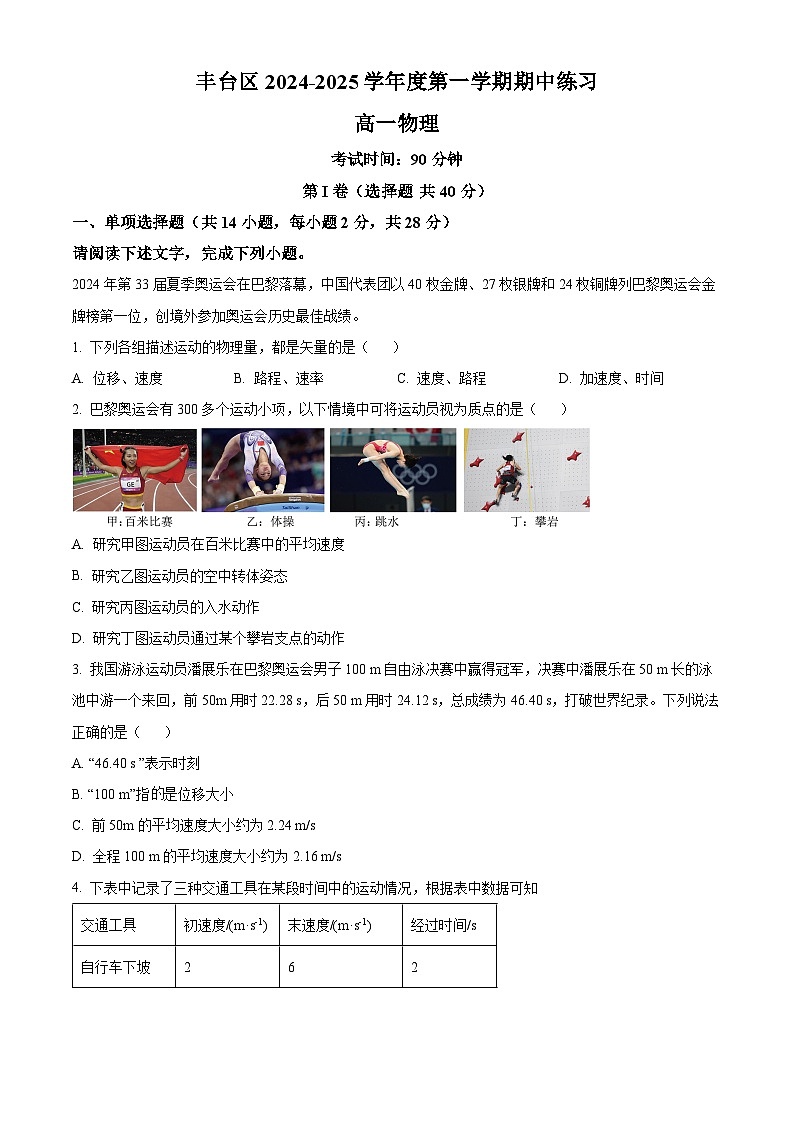 北京市北京市丰台区2024-2025学年高一上学期11月期中物理试题无答案第1页